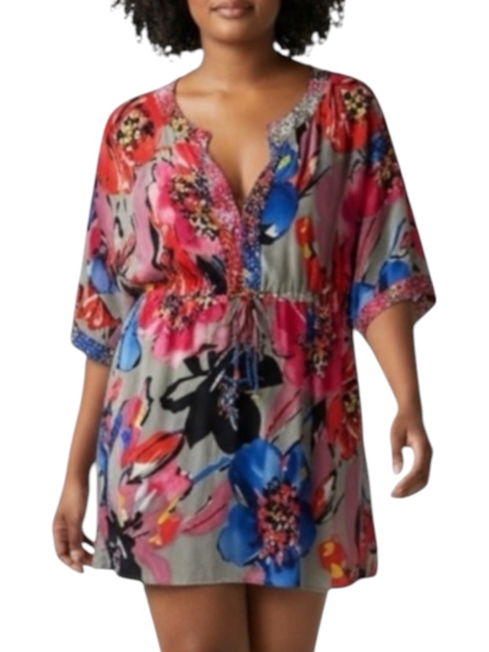 ST. JOHN Silk Blend Embellished Floral Multicolor Swim Cover-up Size Petite
